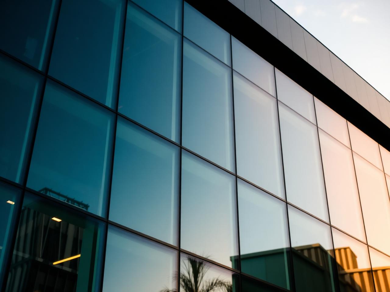 Modern corporate building reflecting sunset